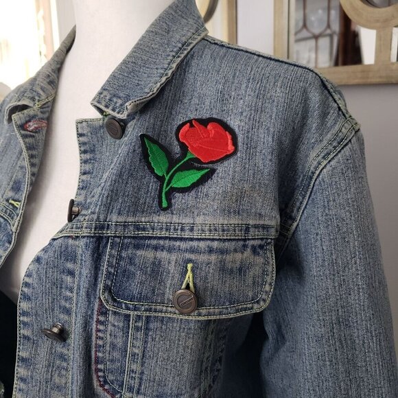 Vintage MED Denim Jean Biker Jacket UK Flag Rock & Roll Boho Retro Indie Grunge - Picture 7 of 16